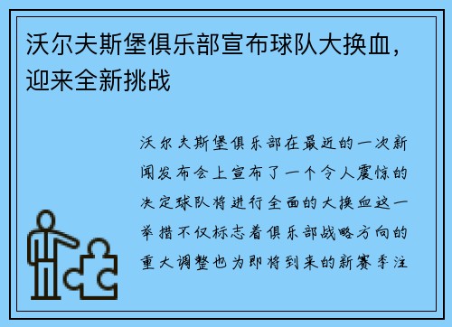 沃尔夫斯堡俱乐部宣布球队大换血，迎来全新挑战
