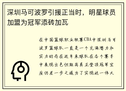 深圳马可波罗引援正当时，明星球员加盟为冠军添砖加瓦